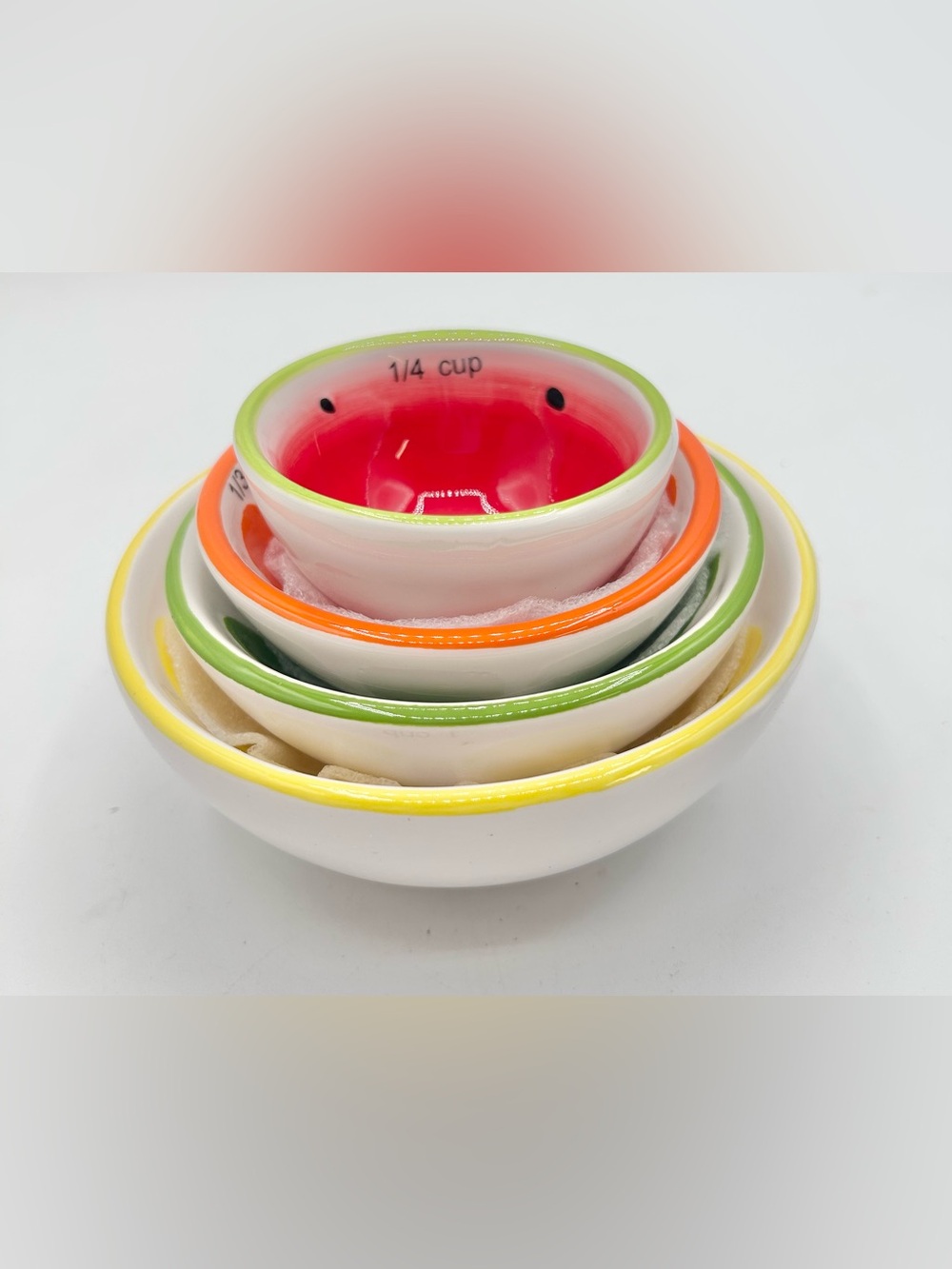 Fruit Themed Ceramic Nesting Measuring Cup Bowls Set of 4 New Damage